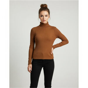 Brit & Bri Brown Ribbed Turtleneck Long Sleeve Casual Top Brown Size Small